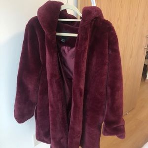Maroon Long Fur Hooded Jacket